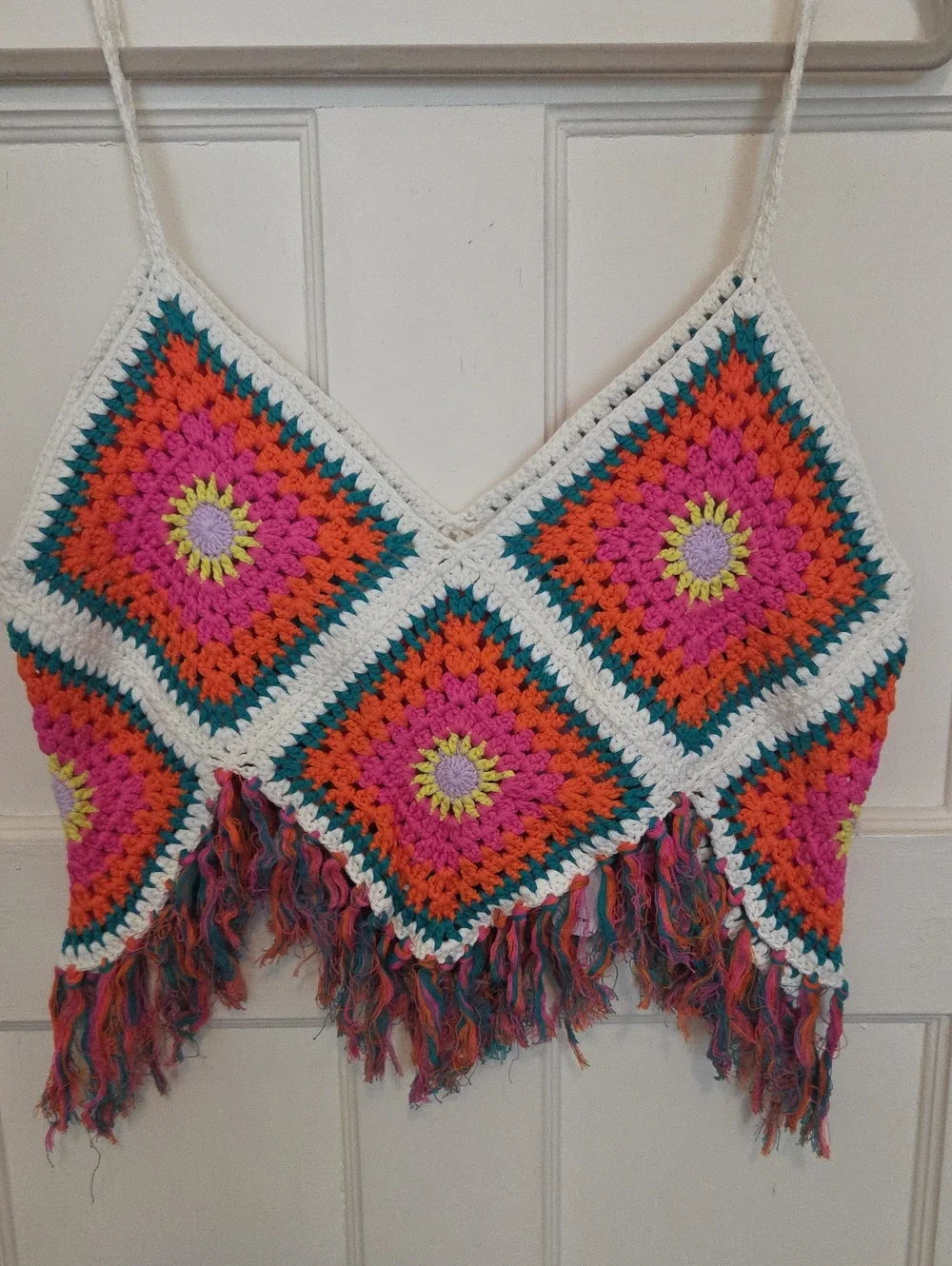 Self Contrast Dixie Crochet Camisole Knit Fringe Hem Top In Happy Colors SZ Med - Picture 7 of 16